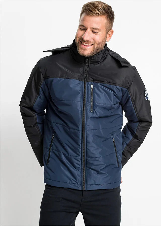 CHAQUETA GUATEADA DE CORTE CóMODO Y CAPUCHA AZUL OSCURONEGRO