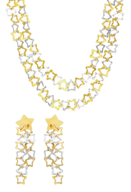 Conjunto oro bicolor 18K gargantilla y pendientes largos estrellas caladas