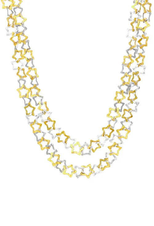 Conjunto oro bicolor 18K gargantilla y pendientes largos estrellas caladas