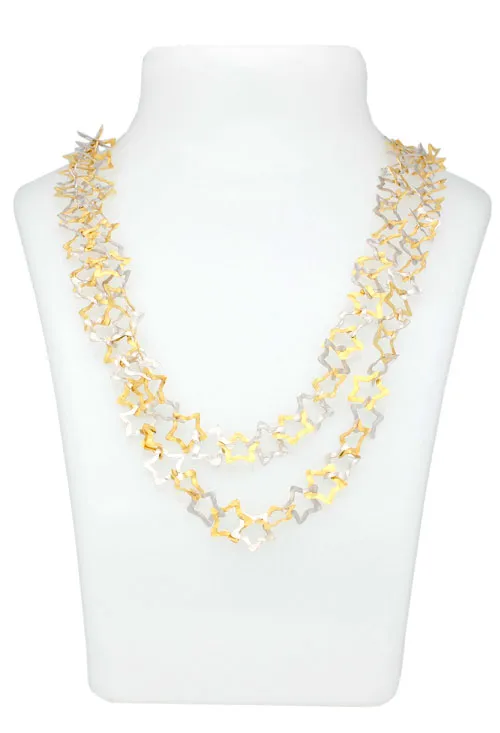 Conjunto oro bicolor 18K gargantilla y pendientes largos estrellas caladas