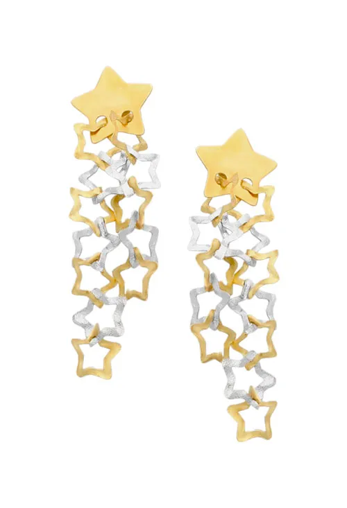 Conjunto oro bicolor 18K gargantilla y pendientes largos estrellas caladas