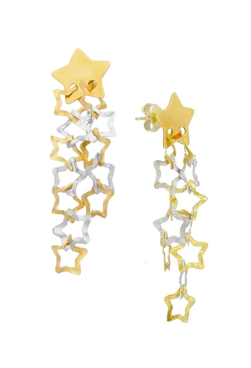 Conjunto oro bicolor 18K gargantilla y pendientes largos estrellas caladas
