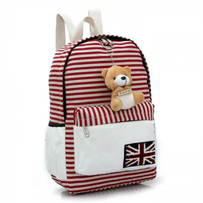  Cute UK Flag Striped Bear Doll Canvas Backpack