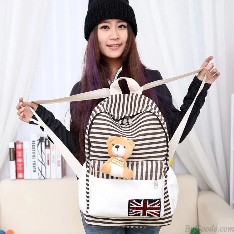  Cute UK Flag Striped Bear Doll Canvas Backpack