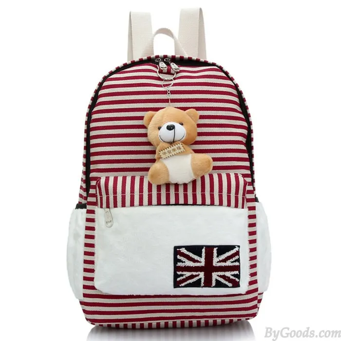  Cute UK Flag Striped Bear Doll Canvas Backpack