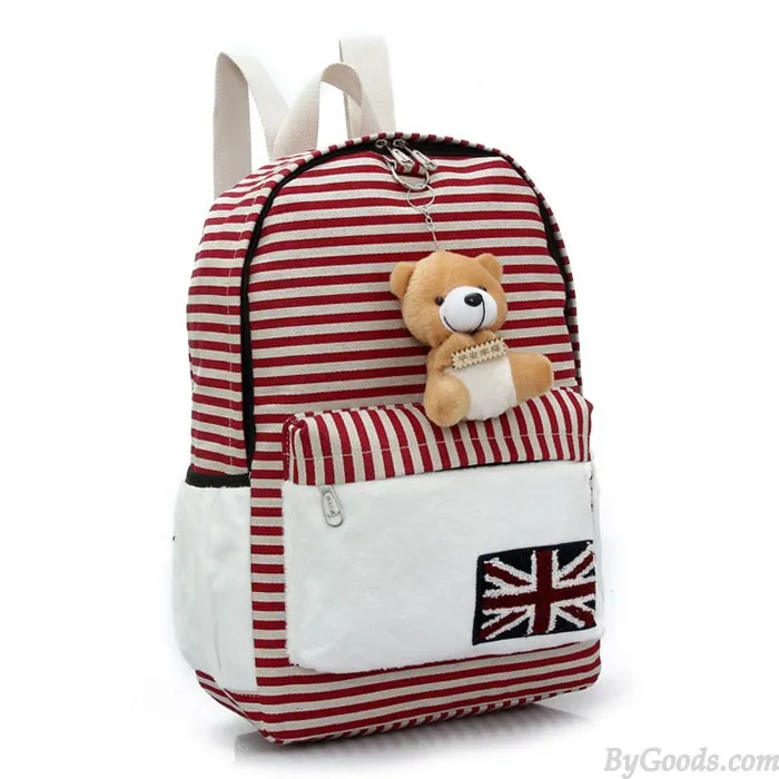  Cute UK Flag Striped Bear Doll Canvas Backpack
