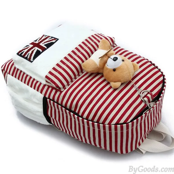  Cute UK Flag Striped Bear Doll Canvas Backpack