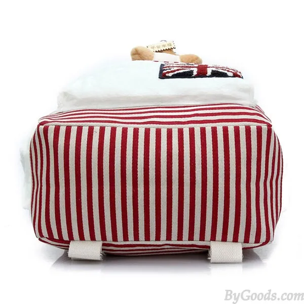  Cute UK Flag Striped Bear Doll Canvas Backpack
