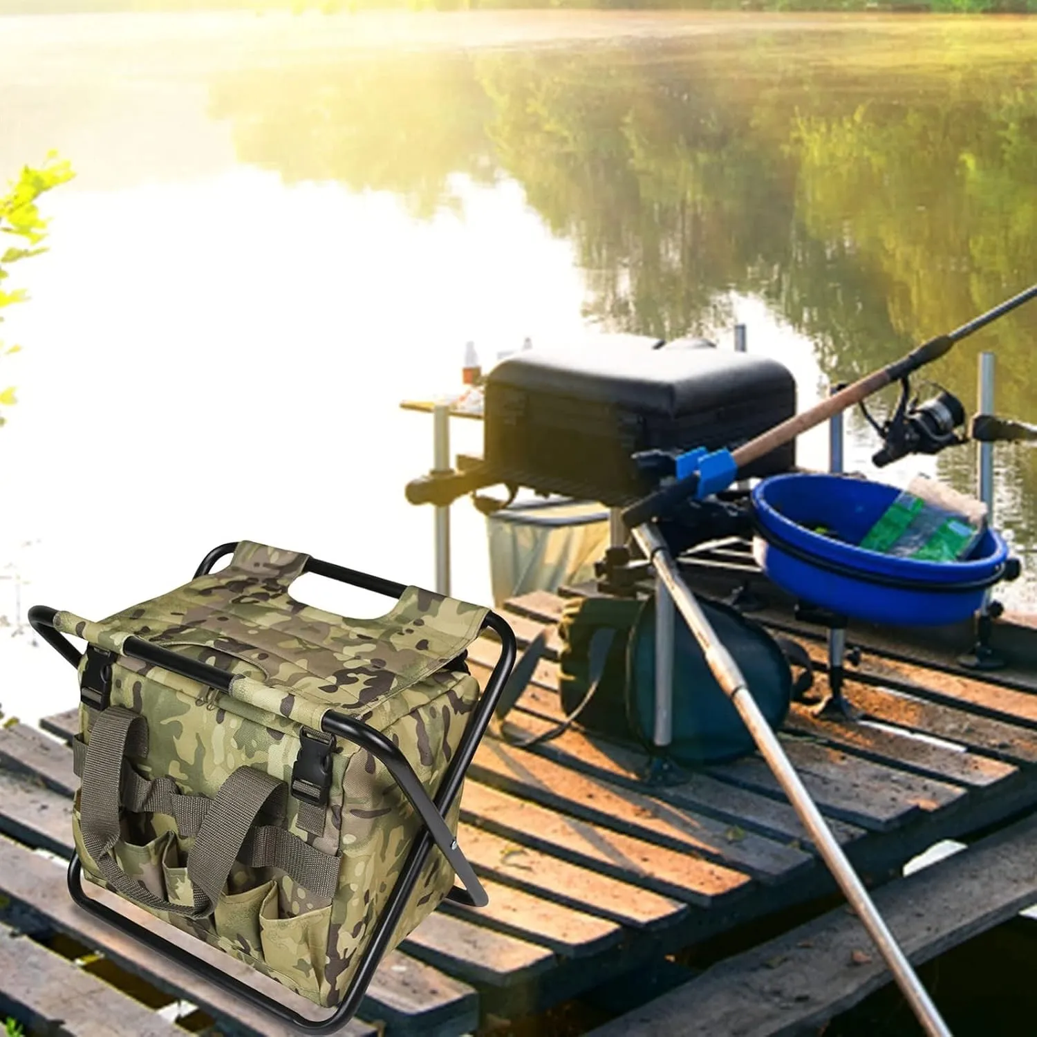GBNYTT Silla de pesca 2 en 1  silla de pesca al aire libre  plegable  taburete de camping  bolsa de almacenamiento desmontable  