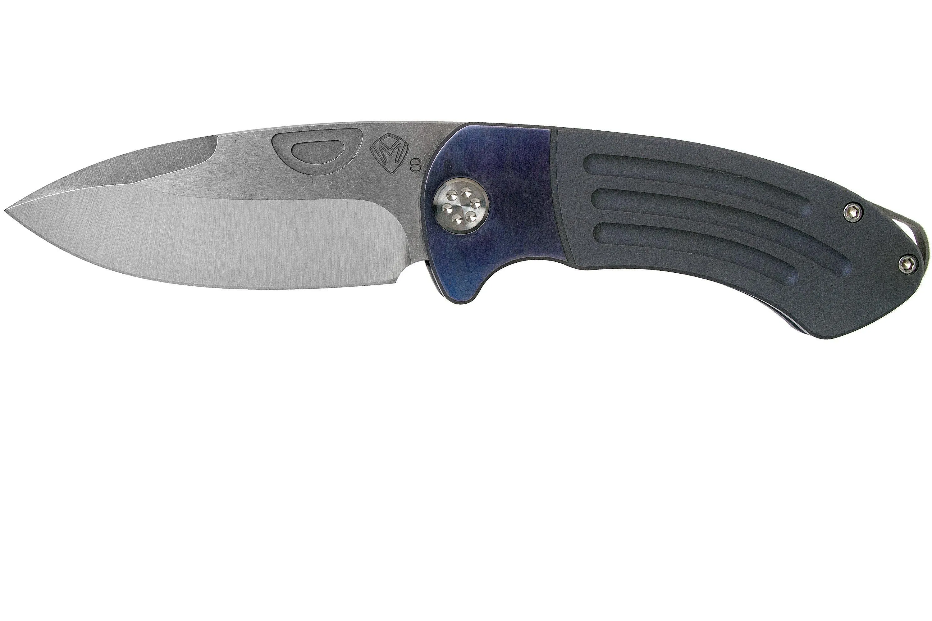 Medford Theseus, Tumbled S35VN, Dark Blue Bolstered Handle navaja