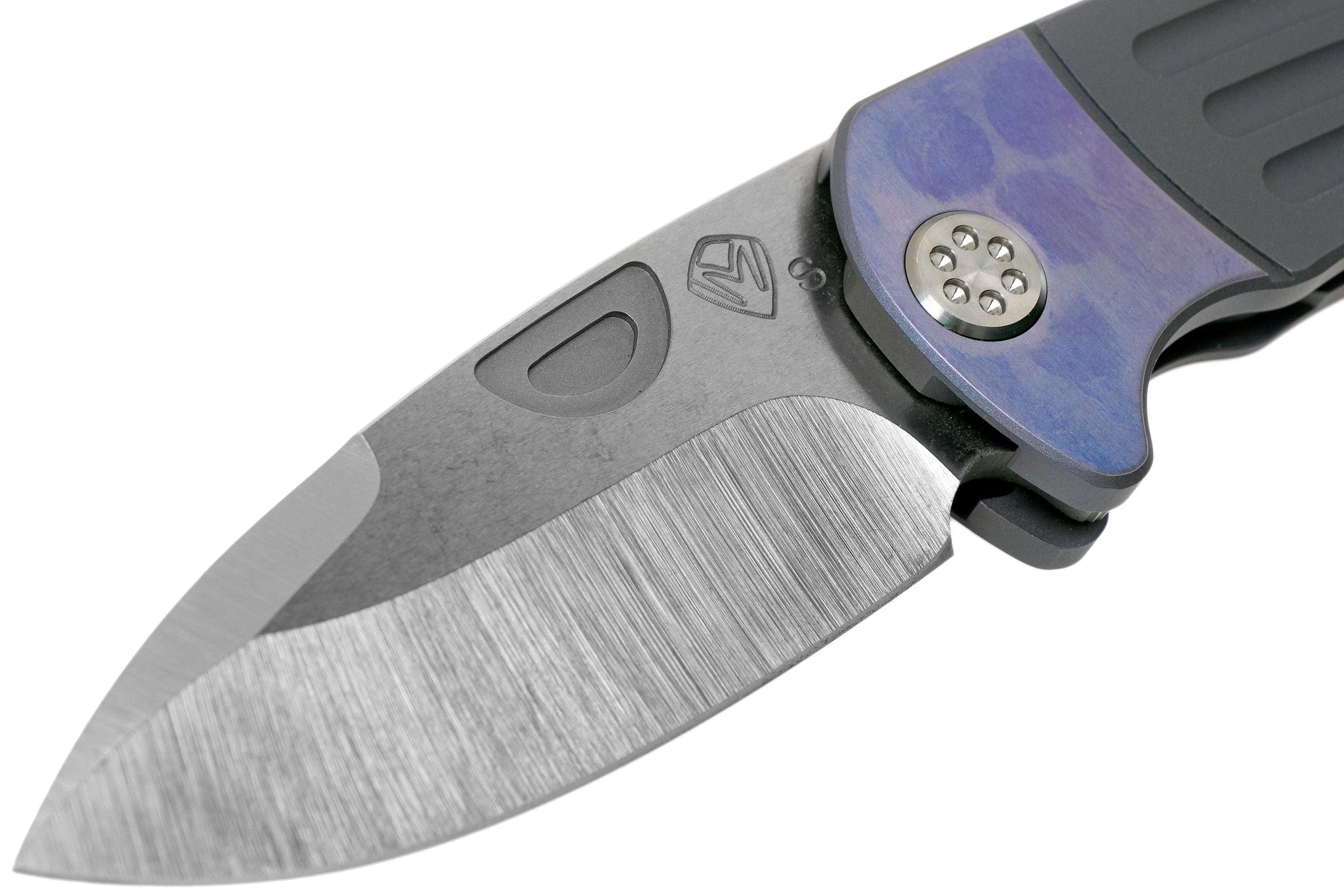 Medford Theseus, Tumbled S35VN, Dark Blue Bolstered Handle navaja