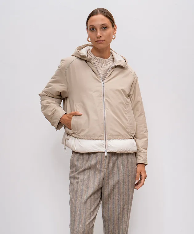 Peserico Beige down jacket with monil chain decoration