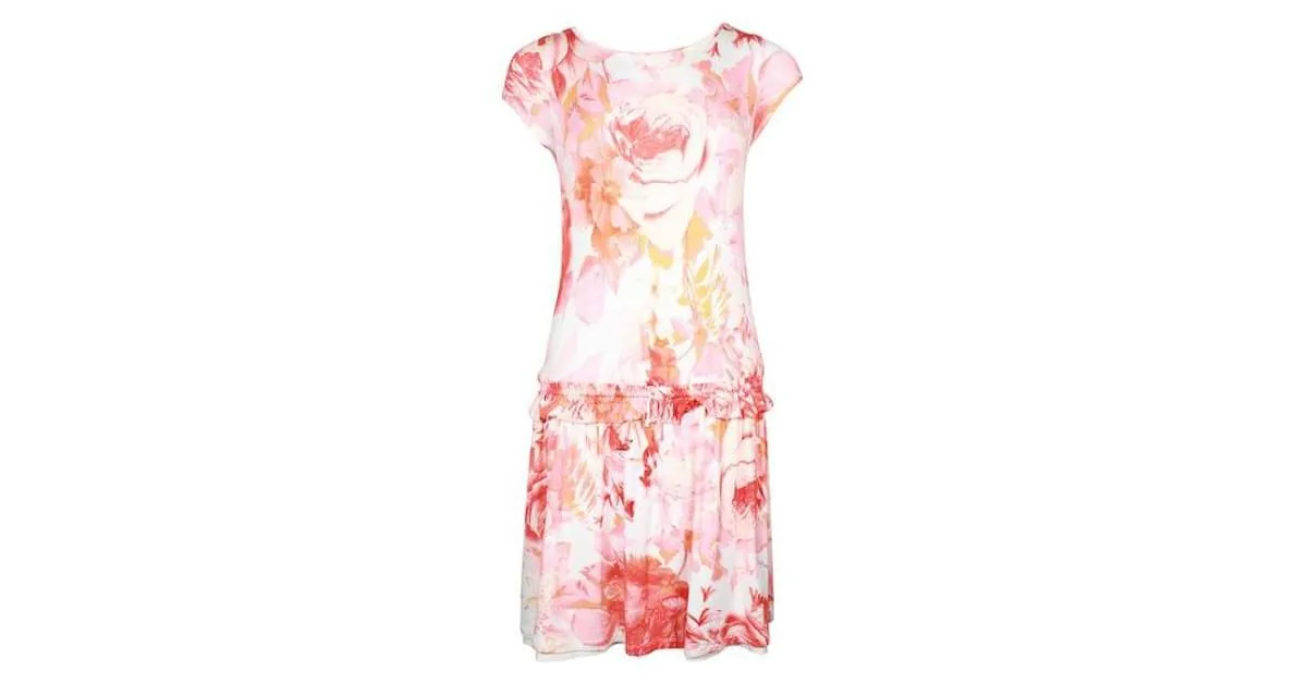 Roberto Cavalli Crema, Vestido de verano con estampado floral rosa y naranja 