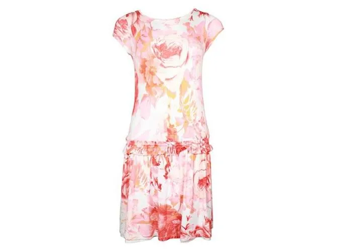 Roberto Cavalli Crema, Vestido de verano con estampado floral rosa y naranja 