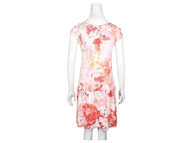 Roberto Cavalli Crema, Vestido de verano con estampado floral rosa y naranja 