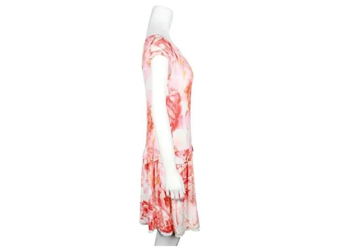 Roberto Cavalli Crema, Vestido de verano con estampado floral rosa y naranja 