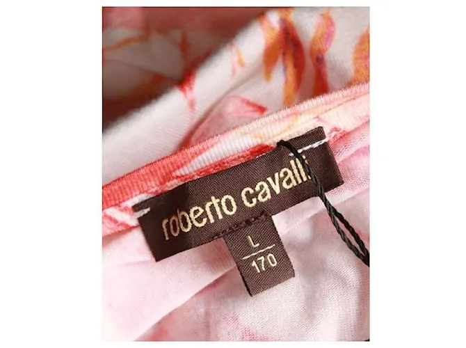 Roberto Cavalli Crema, Vestido de verano con estampado floral rosa y naranja 