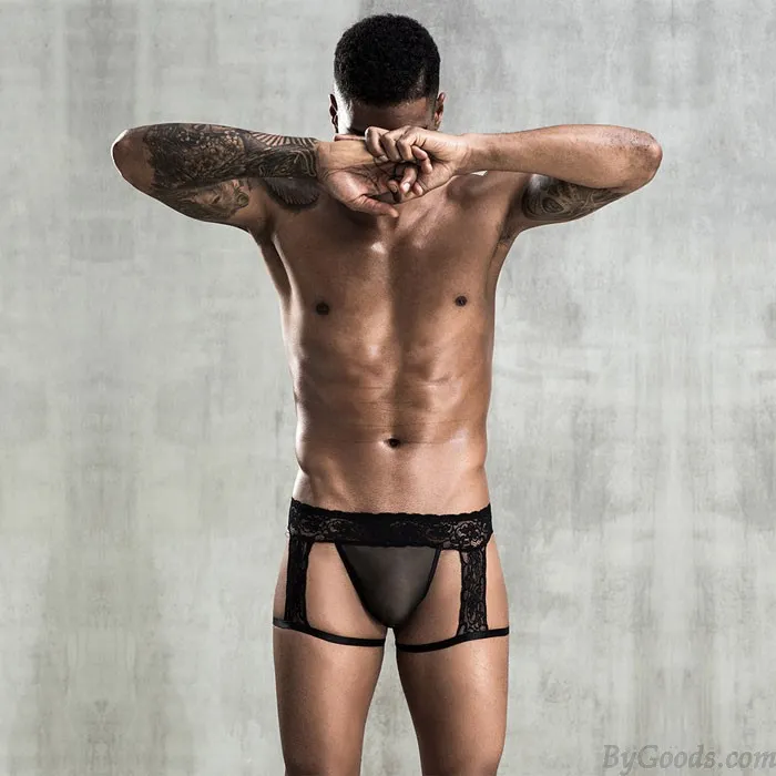 Sexy Men's Underwear Garter Belt Thong Lingerie Black Erotic Lace Black Shorts Panty
