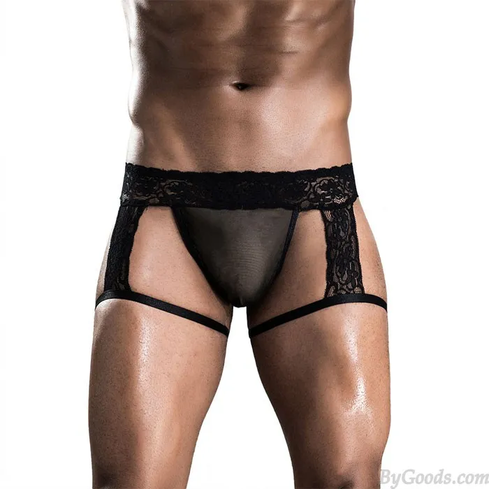 Sexy Men's Underwear Garter Belt Thong Lingerie Black Erotic Lace Black Shorts Panty