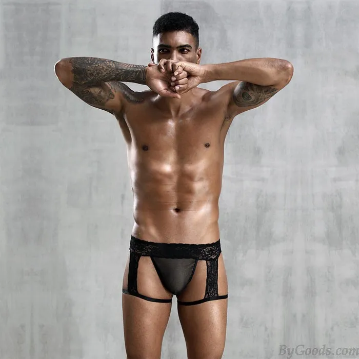 Sexy Men's Underwear Garter Belt Thong Lingerie Black Erotic Lace Black Shorts Panty