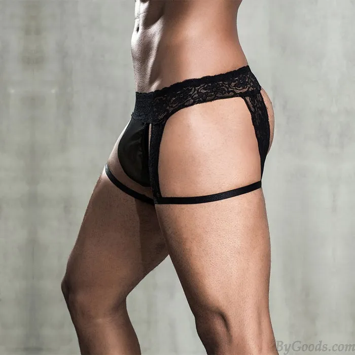 Sexy Men's Underwear Garter Belt Thong Lingerie Black Erotic Lace Black Shorts Panty