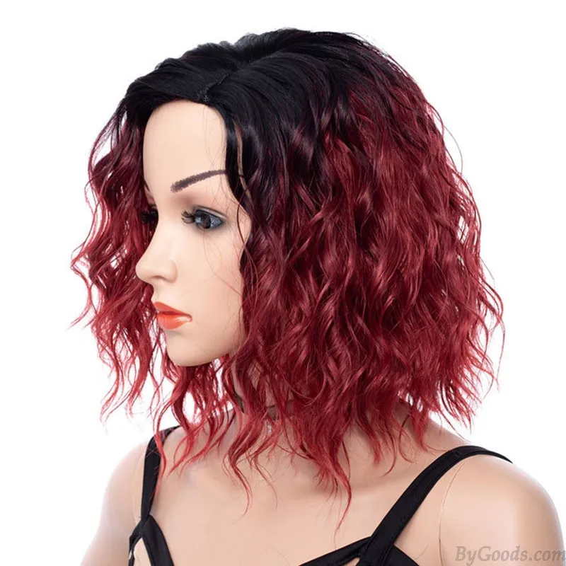 Short Curly Wavy Red Ombre Hair Wigs For Women Side Part Synthetic Shoulder Length Cosplay Daily Party Wigs