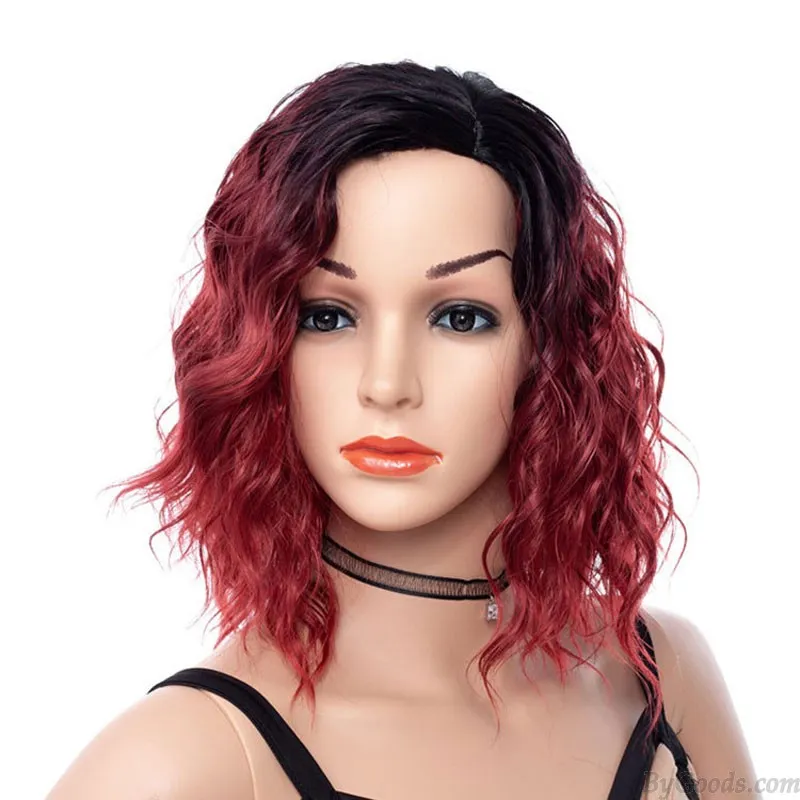 Short Curly Wavy Red Ombre Hair Wigs For Women Side Part Synthetic Shoulder Length Cosplay Daily Party Wigs