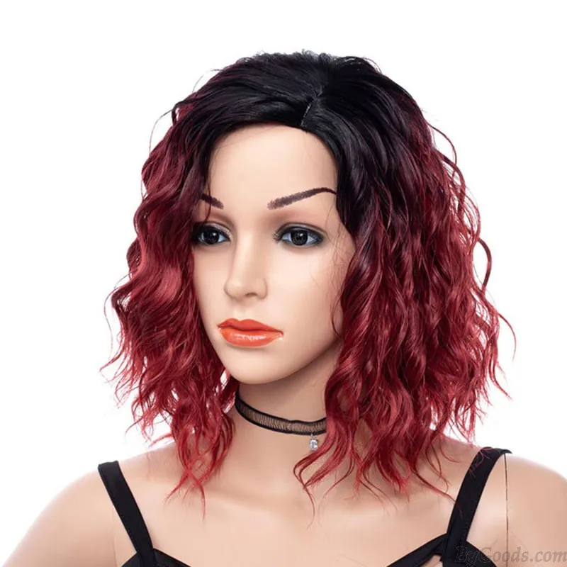 Short Curly Wavy Red Ombre Hair Wigs For Women Side Part Synthetic Shoulder Length Cosplay Daily Party Wigs