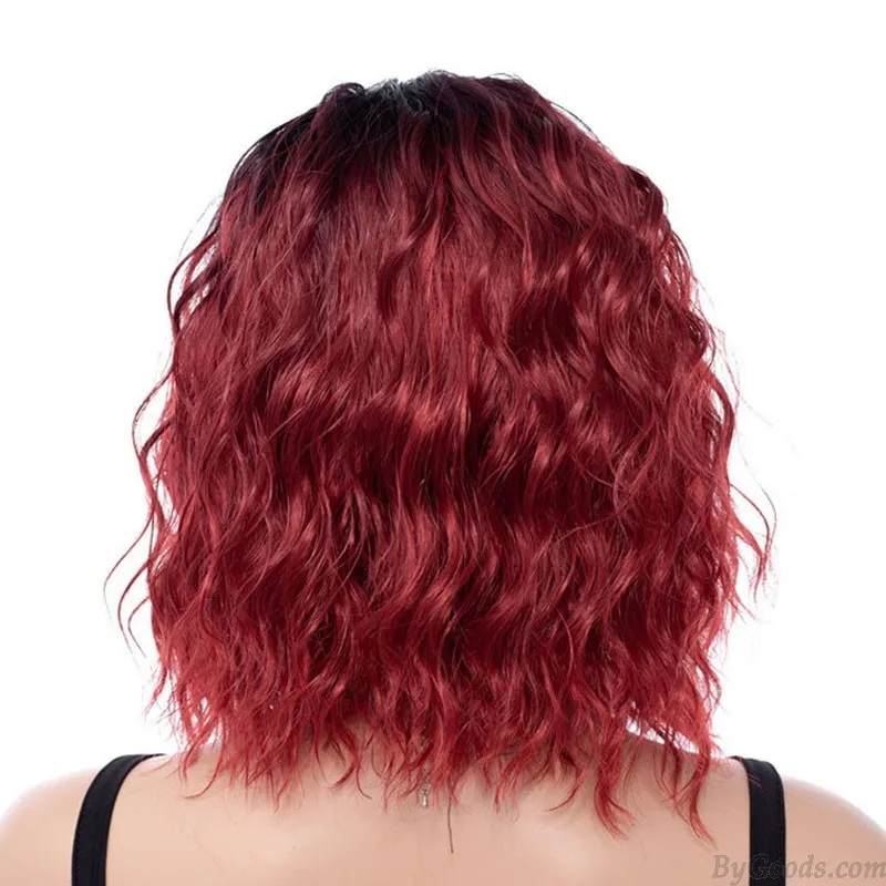Short Curly Wavy Red Ombre Hair Wigs For Women Side Part Synthetic Shoulder Length Cosplay Daily Party Wigs