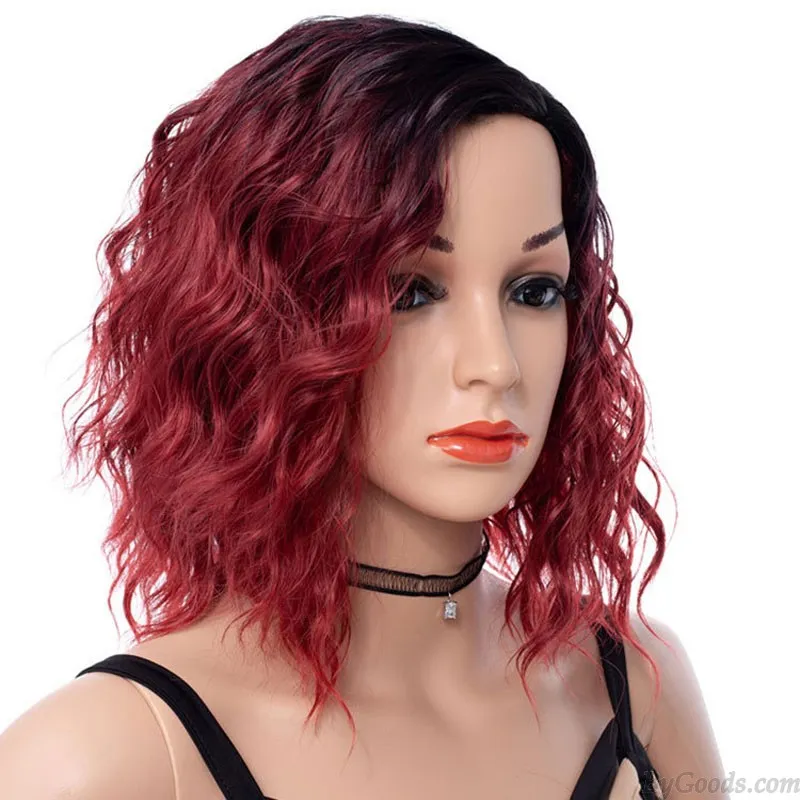 Short Curly Wavy Red Ombre Hair Wigs For Women Side Part Synthetic Shoulder Length Cosplay Daily Party Wigs