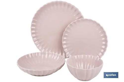 Vajilla de porcelana esmaltada en color rosa nude con diseño en relieve | Set de 16 piezas | Apta para lavavajillas, microondas 