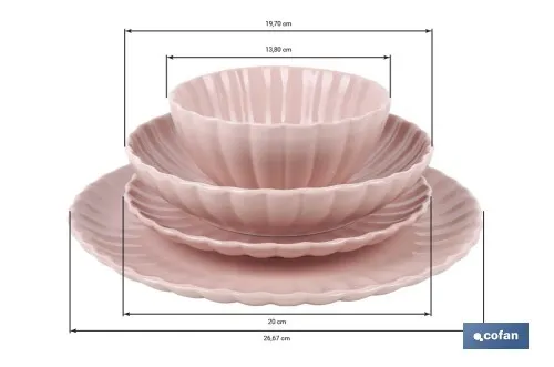 Vajilla de porcelana esmaltada en color rosa nude con diseño en relieve | Set de 16 piezas | Apta para lavavajillas, microondas 