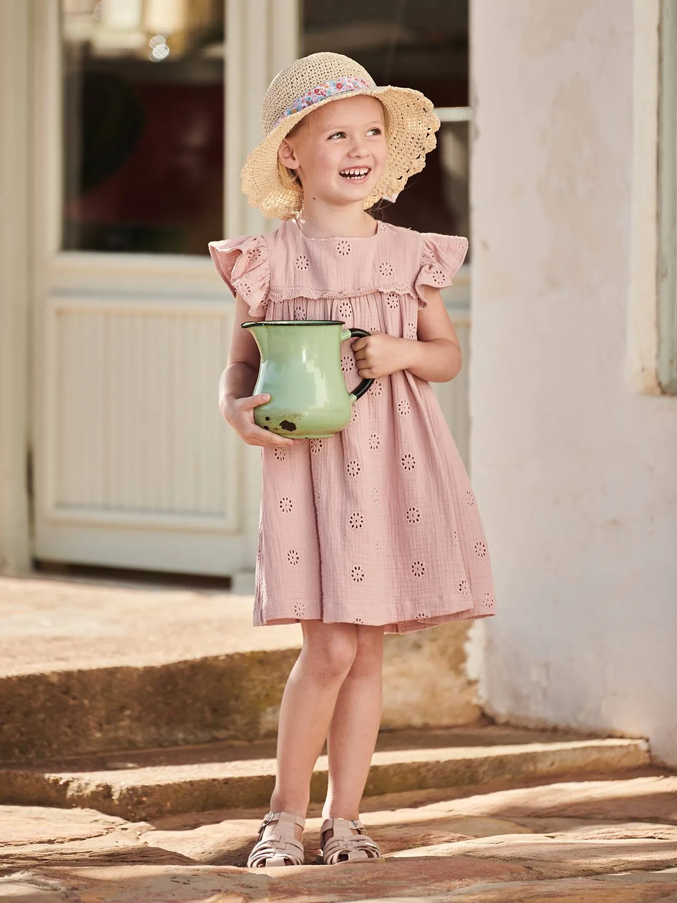 Vestido con bordado de flores para niña de gasa de algodón