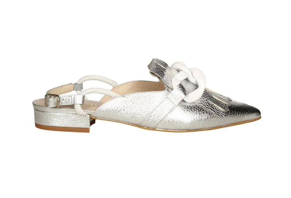 Zapato Plata Talon Abierto Cadena Blanca y Flecos
