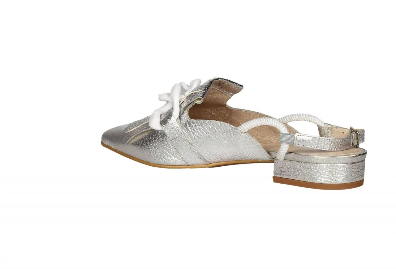 Zapato Plata Talon Abierto Cadena Blanca y Flecos